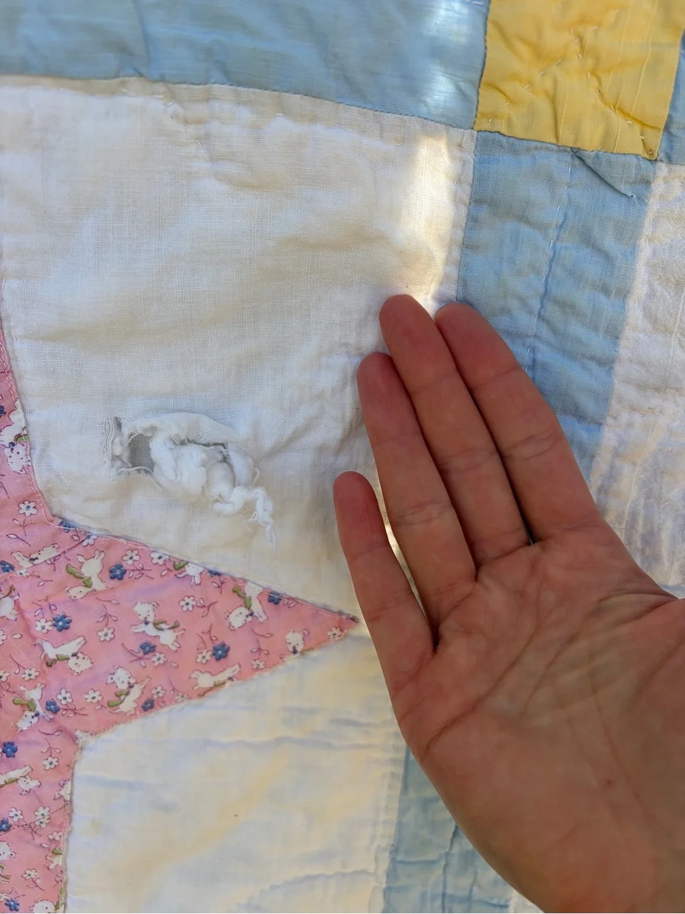 Antique Handmade Patchwork Star Quilt in Blue, Pink, & Yellow-62x78”